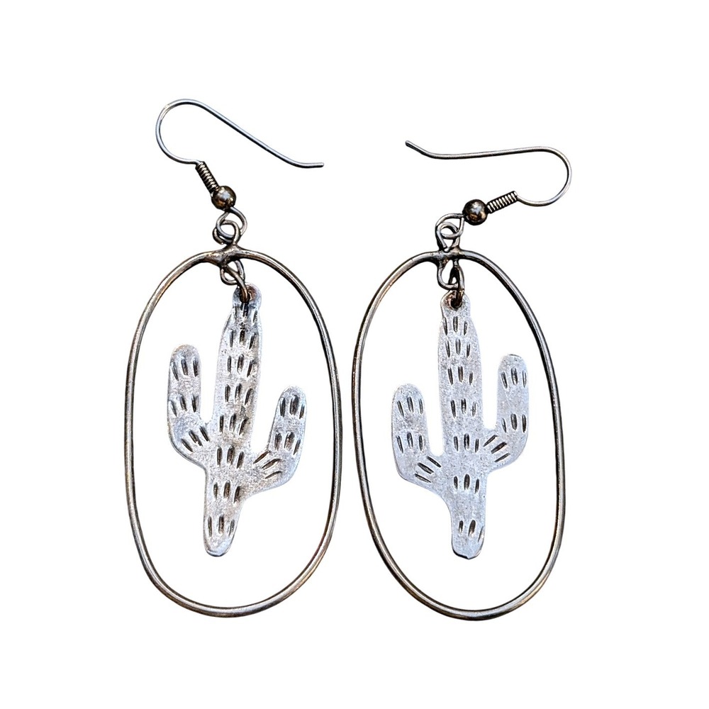 Sterling Silver Saguaro‎ Cactus Statement Hoop Drop Earrings Southwestern Desert